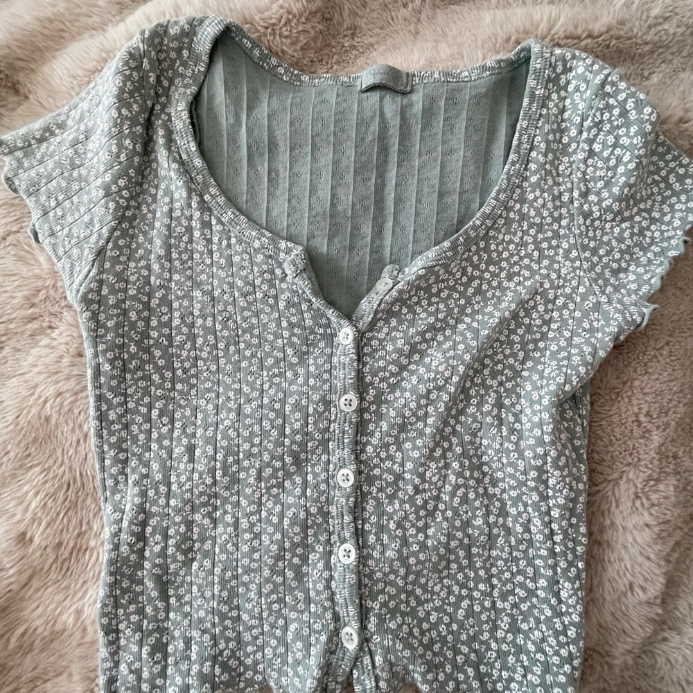 Brandy melvilles John Galt floral sage green Button-Up crop top